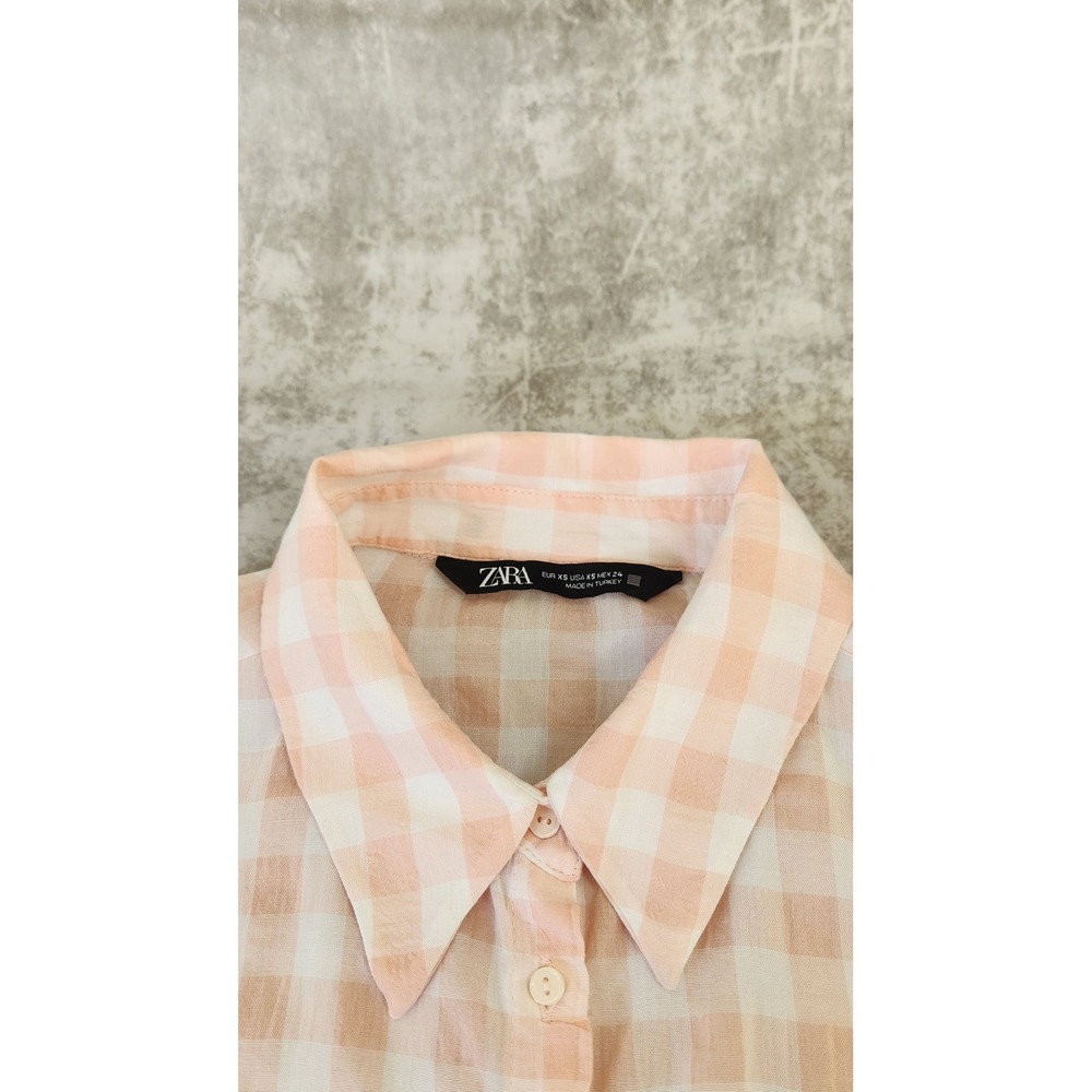 Zara Oversized Button Down Shirt Women XS Pink White Gingham High Low Gauzy Boho - Picture 4 of 11